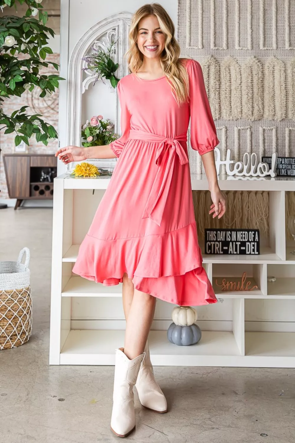 Tie Front Ruffle Hem Dress - Coral