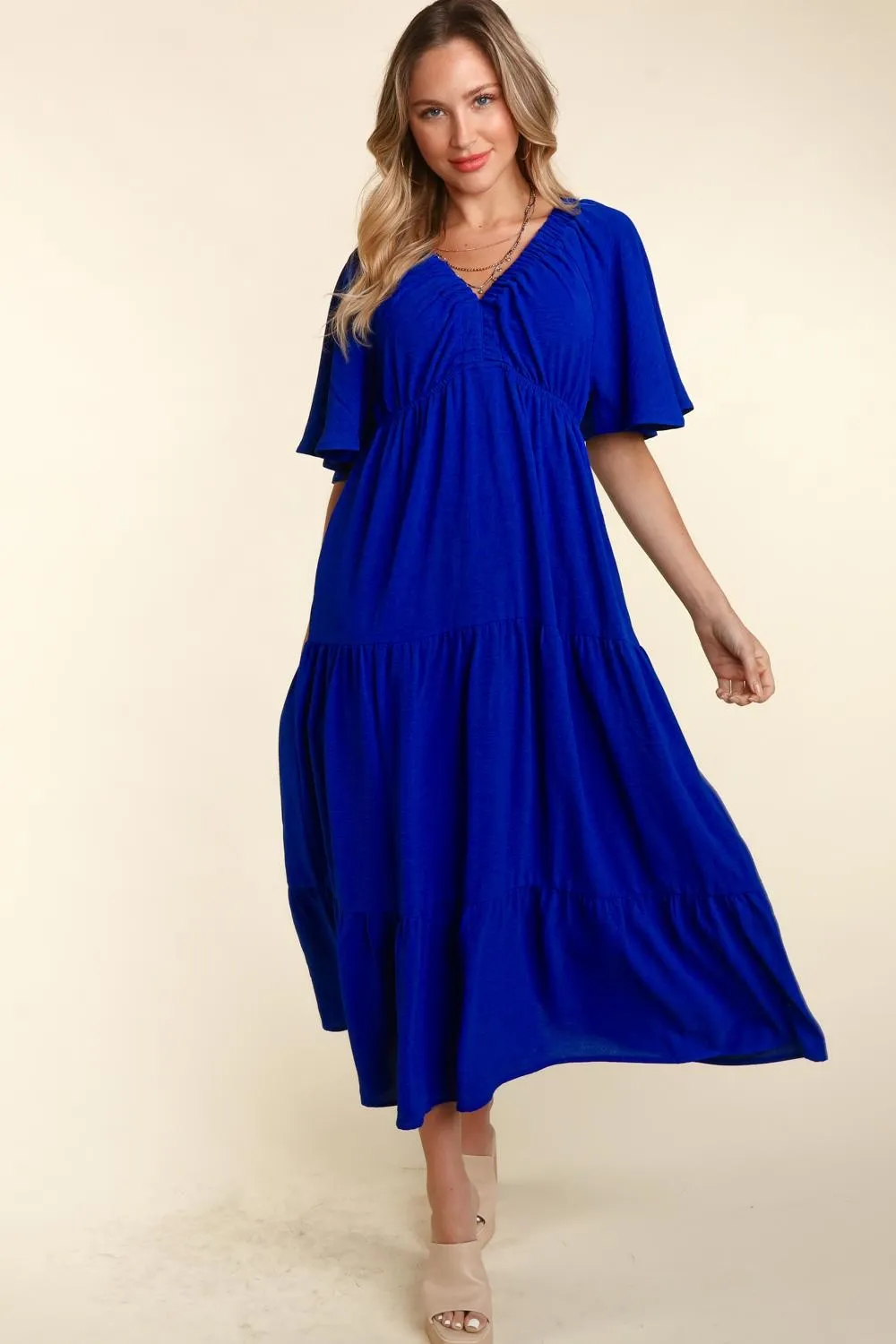 Tiered Babydoll Maxi Dress with Side Pocket - Royal