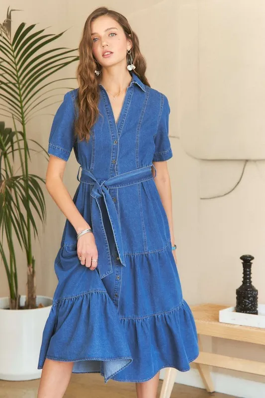 Tiered-Button-Down-Tie-Waist-Short-Sleeve-Denim-Dress-Dark-2