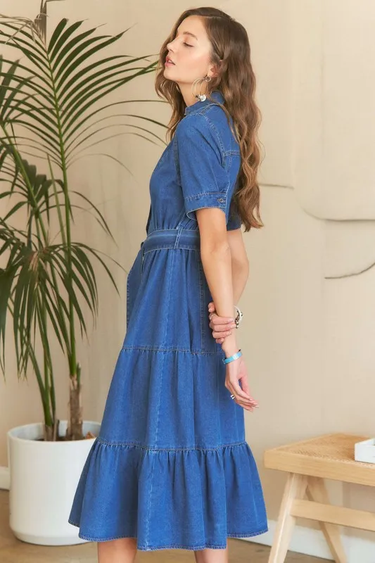 Tiered-Button-Down-Tie-Waist-Short-Sleeve-Denim-Dress-Dark-3