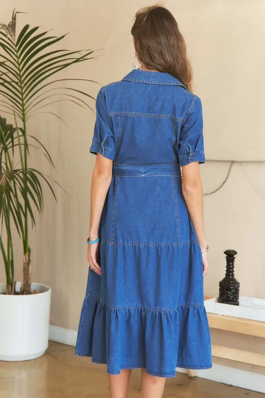 Tiered-Button-Down-Tie-Waist-Short-Sleeve-Denim-Dress-Dark-4