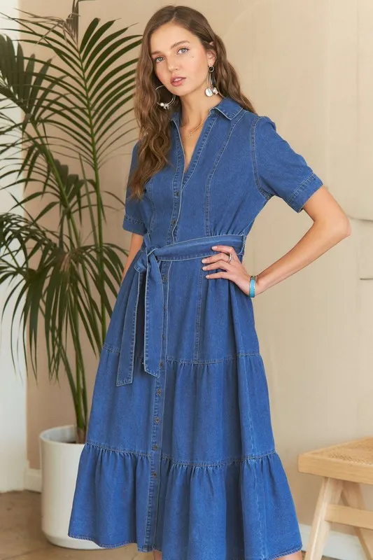 Tiered Button Down Tie Waist Short Sleeve Denim Dress - Dark