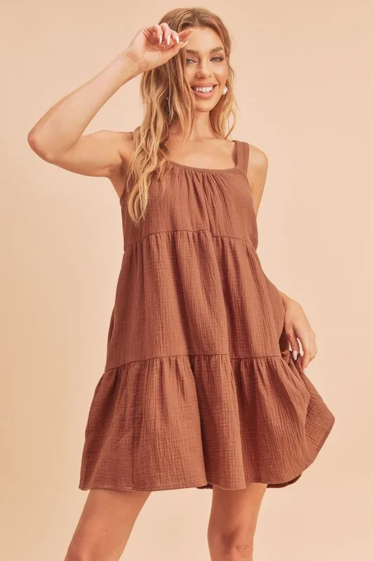 Tiered Mini Cami Dress with Pockets - Caramel