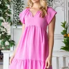 Tiered Notched Cap Sleeve Dress - Pink