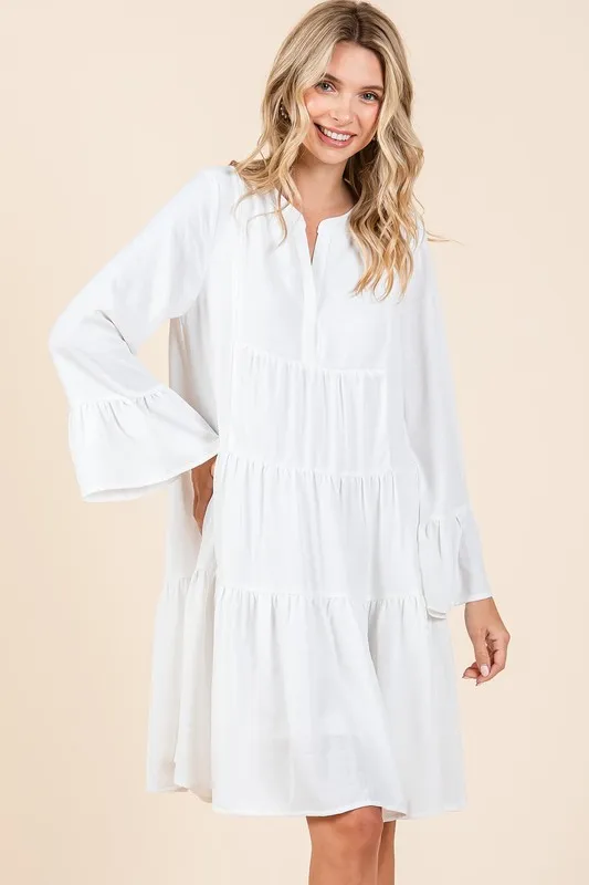 Tiered Notched Flare Sleeve Dress - Ivory