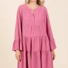 Tiered Notched Flare Sleeve Dress - Rose