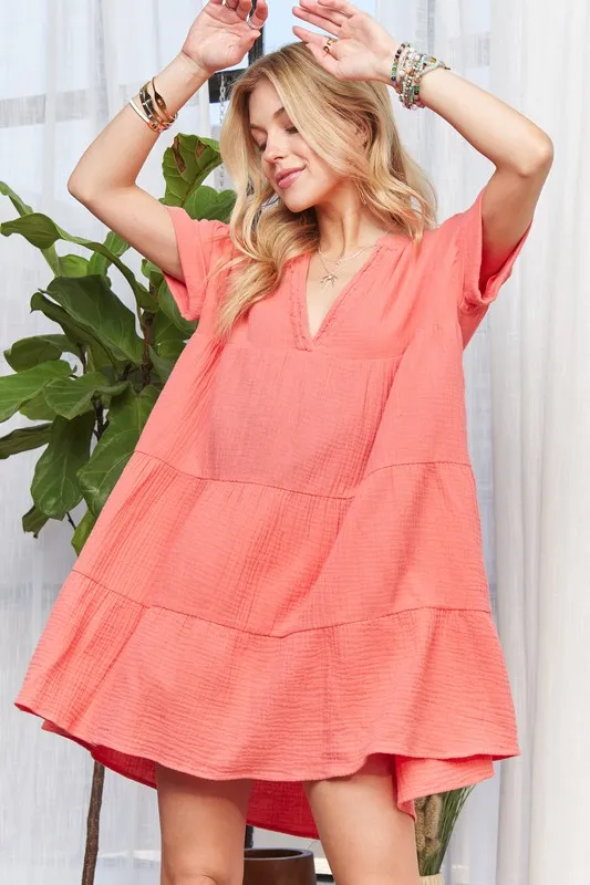 Tiered Notched Short Sleeve Dress - Coral