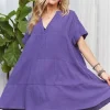 Tiered Notched Short Sleeve Dress - Purple