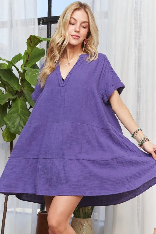 Tiered Notched Short Sleeve Dress - Purple