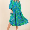 Tiered Printed Collared Neck Midi Dress - Blue