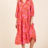 Tiered Printed Collared Neck Midi Dress - Coral