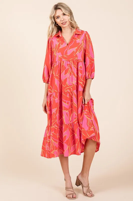 Tiered Printed Collared Neck Midi Dress - Coral