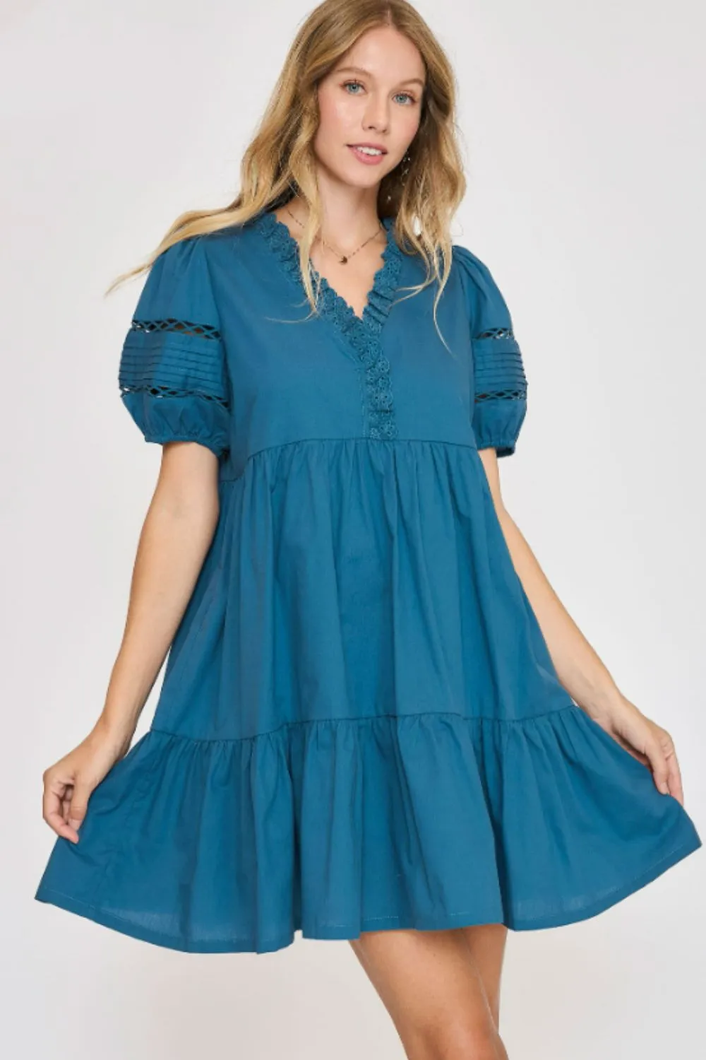 USA Full Size Lace Detail Puff Sleeve Mini Dress Plus Size - Cerulean