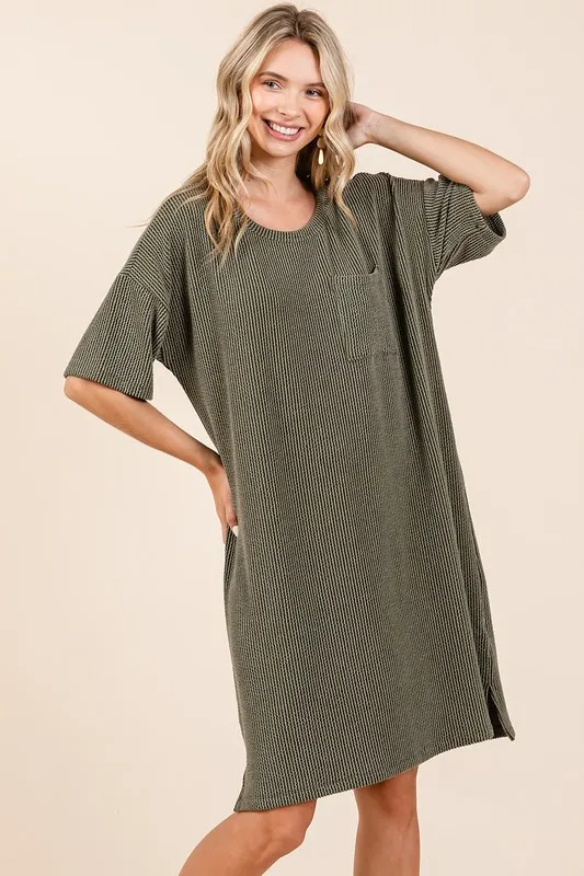 Urban Rib Knit Short Sleeve Tee Dress - Army Green