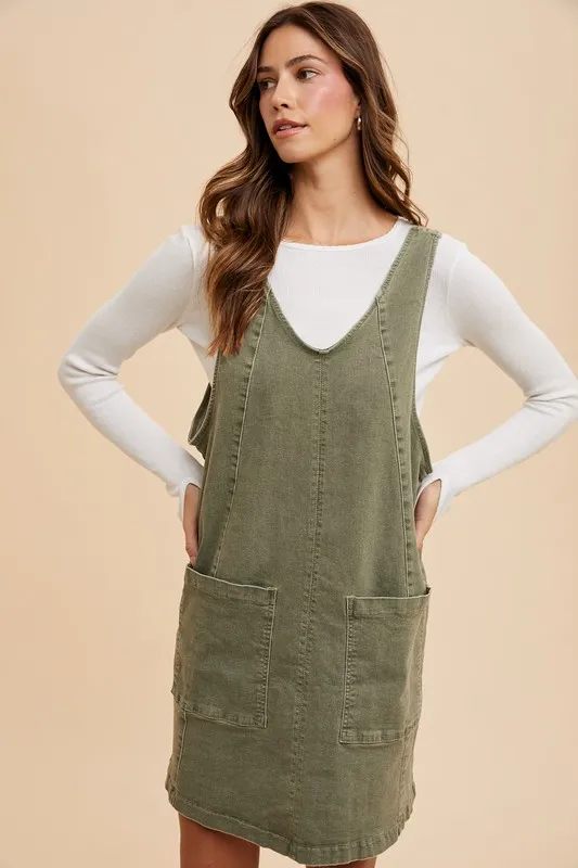 V-Neck-Adjustable-Strap-Denim-Overall-Dress-with-Pockets-Army-Green-2