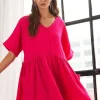 V-Neck Half Sleeve Dress with Pockets - Hot Pink