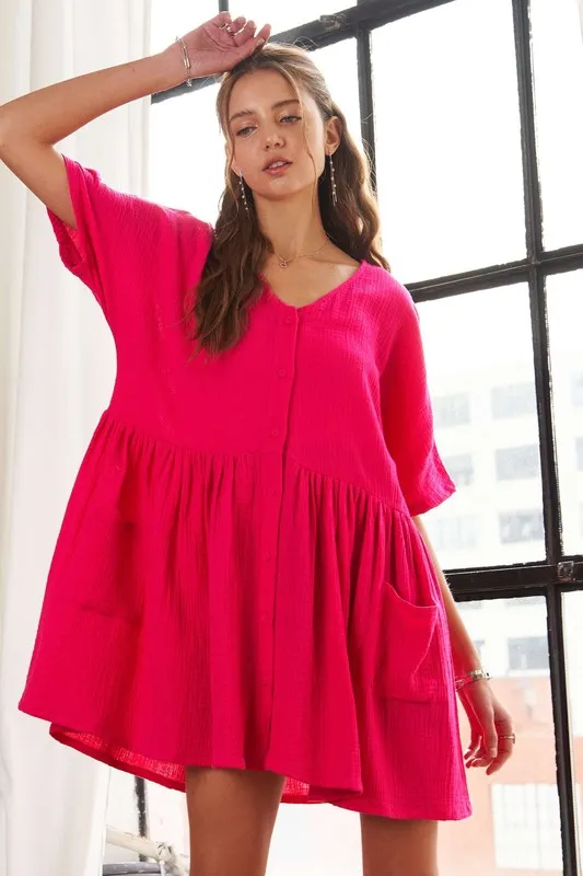 V-Neck-Half-Sleeve-Dress-with-Pockets-Hot-Pink-2