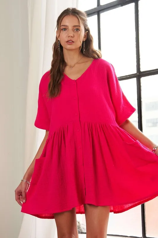 V-Neck-Half-Sleeve-Dress-with-Pockets-Hot-Pink-3