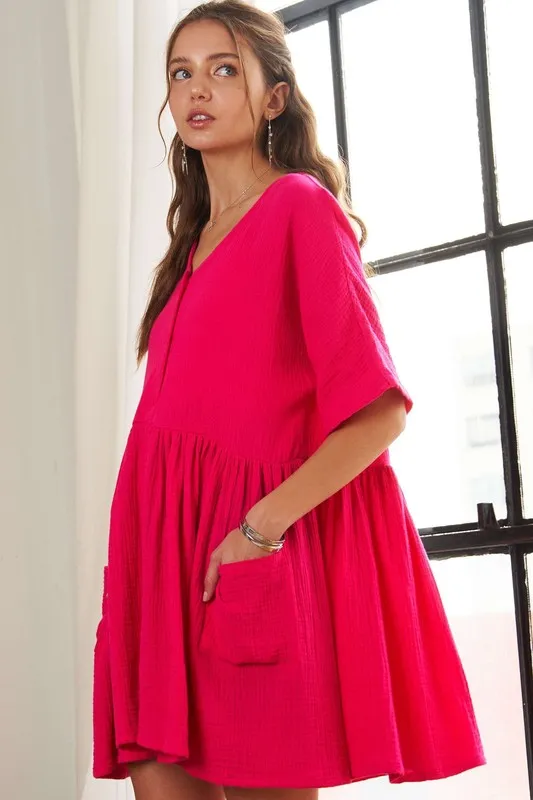 V-Neck-Half-Sleeve-Dress-with-Pockets-Hot-Pink-4
