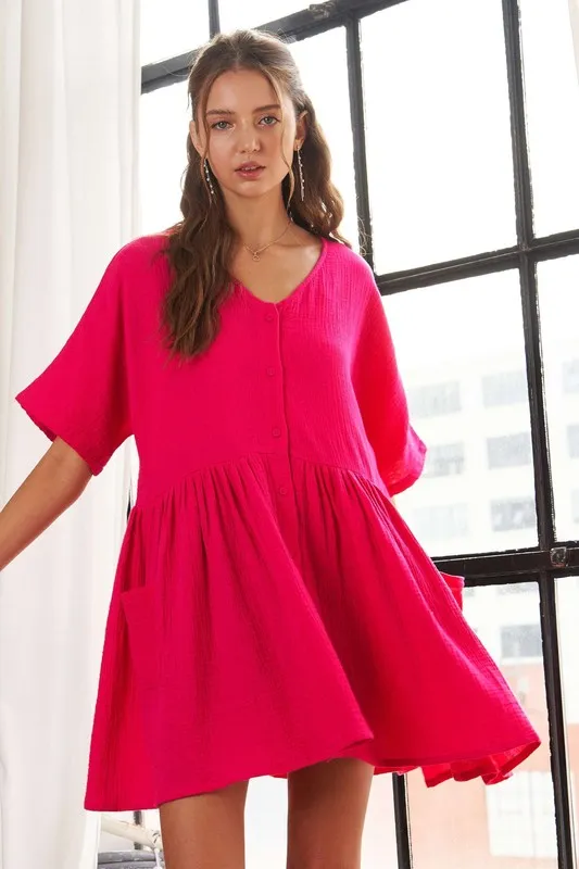 V-Neck-Half-Sleeve-Dress-with-Pockets-Hot-Pink V-Neck Half Sleeve Dress with Pockets - Hot Pink