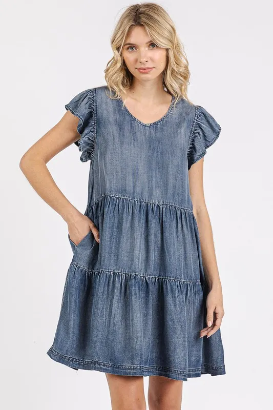 V-Neck Ruffled Cap Sleeve Mini Dress - Dk Denim