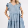 V-Neck Ruffled Cap Sleeve Mini Dress - Lt Denim