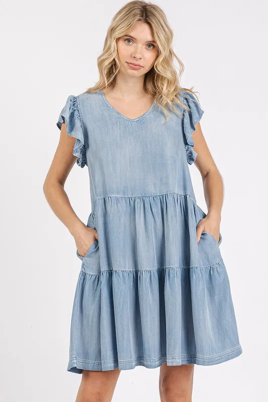 V-Neck Ruffled Cap Sleeve Mini Dress - Lt Denim