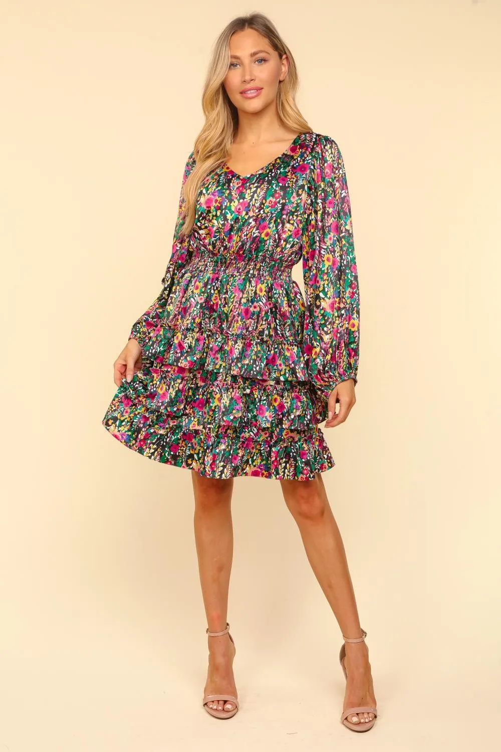 V-Neck Satin Floral Layered Dress - Multi