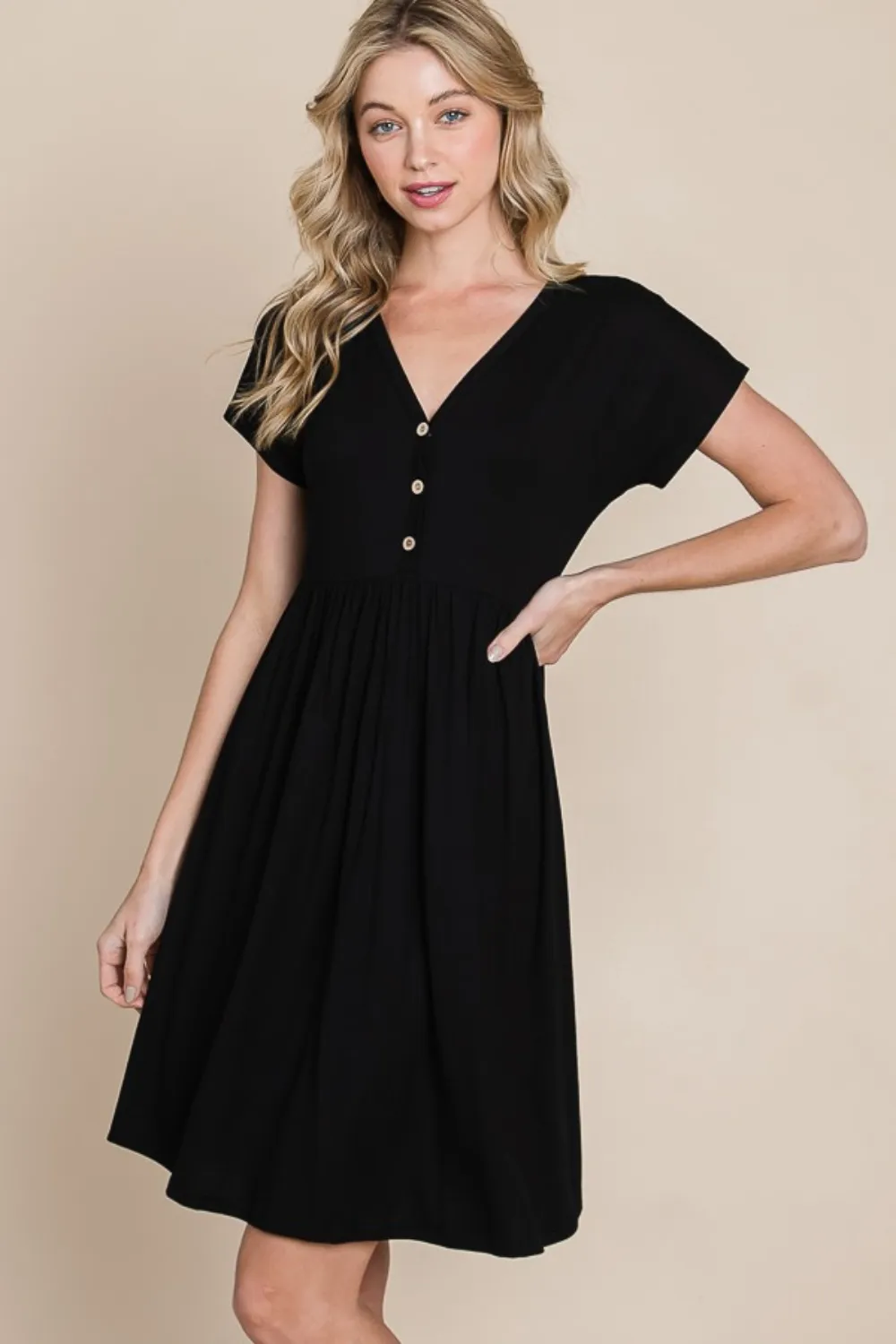 V-Neck Short Sleeve Dress - Black
