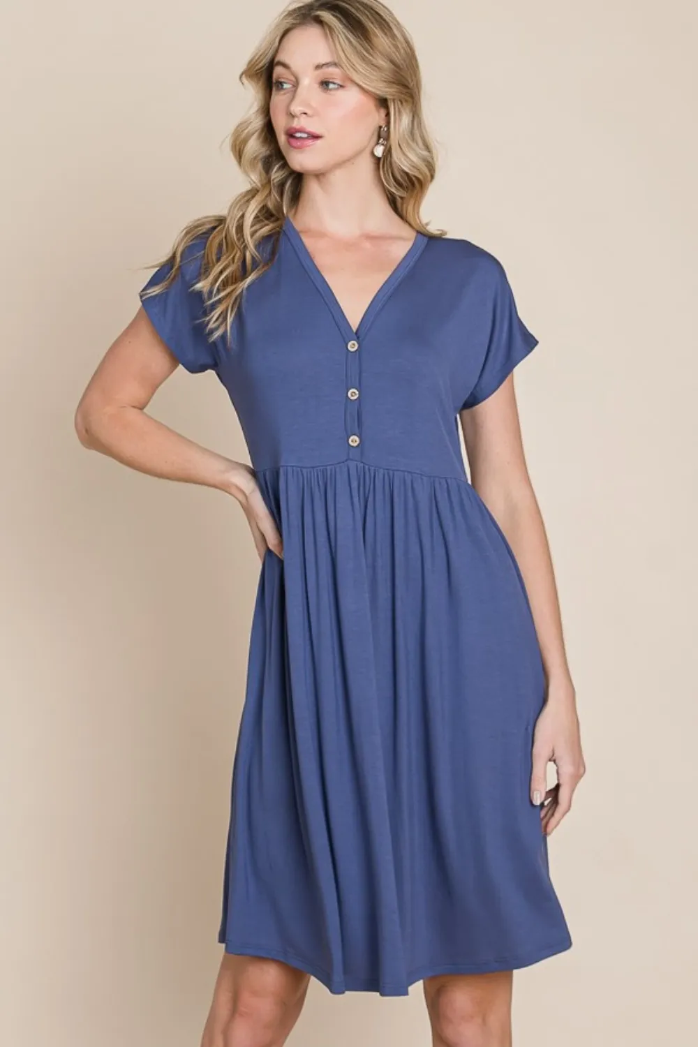 V-Neck Short Sleeve Dress - Blue