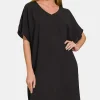 V-Neck Tee Dress with Pockets - Black