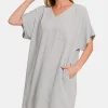 V-Neck Tee Dress with Pockets - Lt Grey