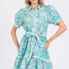 Vintage Floral Scalloped Mini Shirt Dress - Tiffany Blue