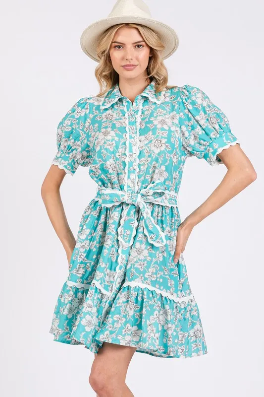 Vintage Floral Scalloped Mini Shirt Dress - Tiffany Blue