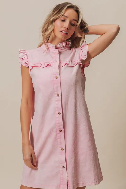 Washed-Button-Down-Ruffled-Cap-Sleeve-Denim-Dress-Blush-Pink-2