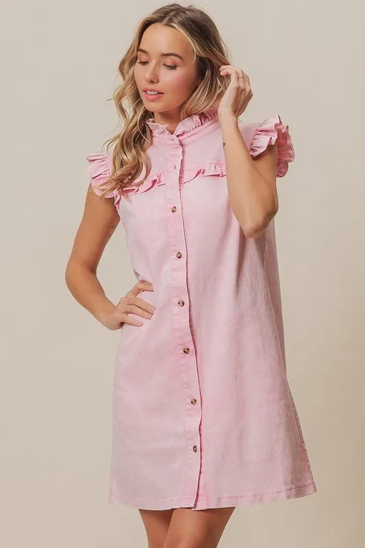 Washed-Button-Down-Ruffled-Cap-Sleeve-Denim-Dress-Blush-Pink-3