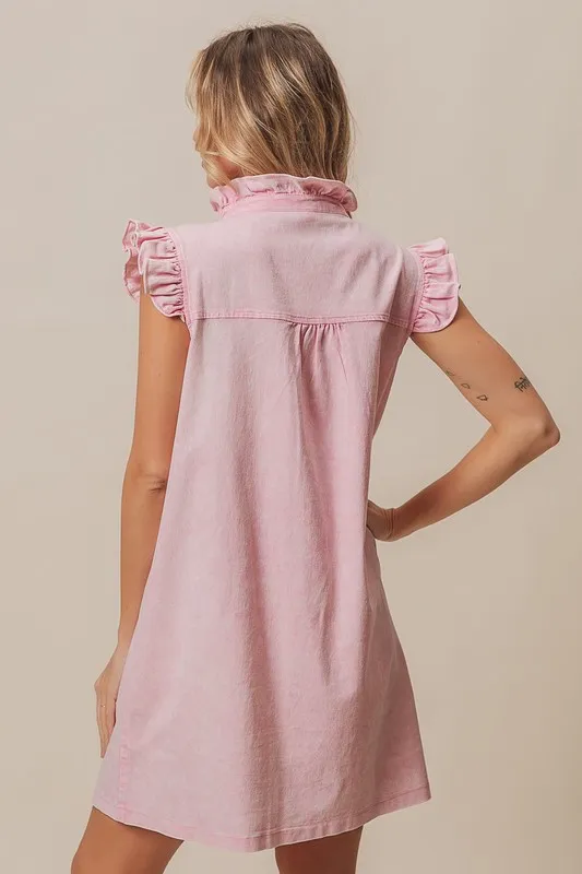 Washed-Button-Down-Ruffled-Cap-Sleeve-Denim-Dress-Blush-Pink-4