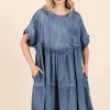 Washed Chambray Denim Oversized Tier Mini Dress - Medium