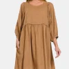Washed Linen Pleated Puff Sleeve Babydoll Dress - Deep Camel