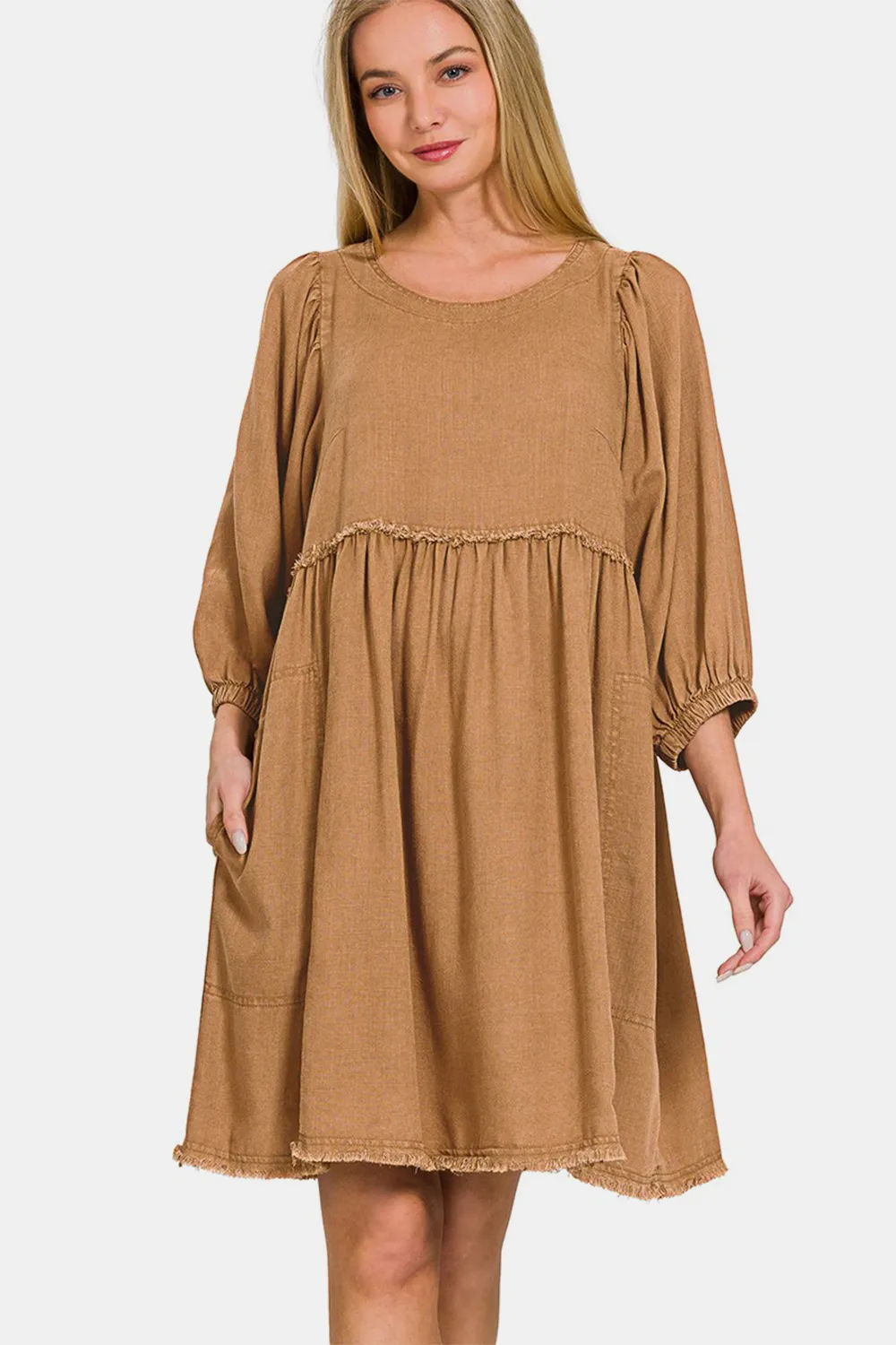 Washed Linen Pleated Puff Sleeve Babydoll Dress - Deep Camel