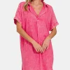 Washed Linen V-Neck Raw Hem Dress - Fuchsia