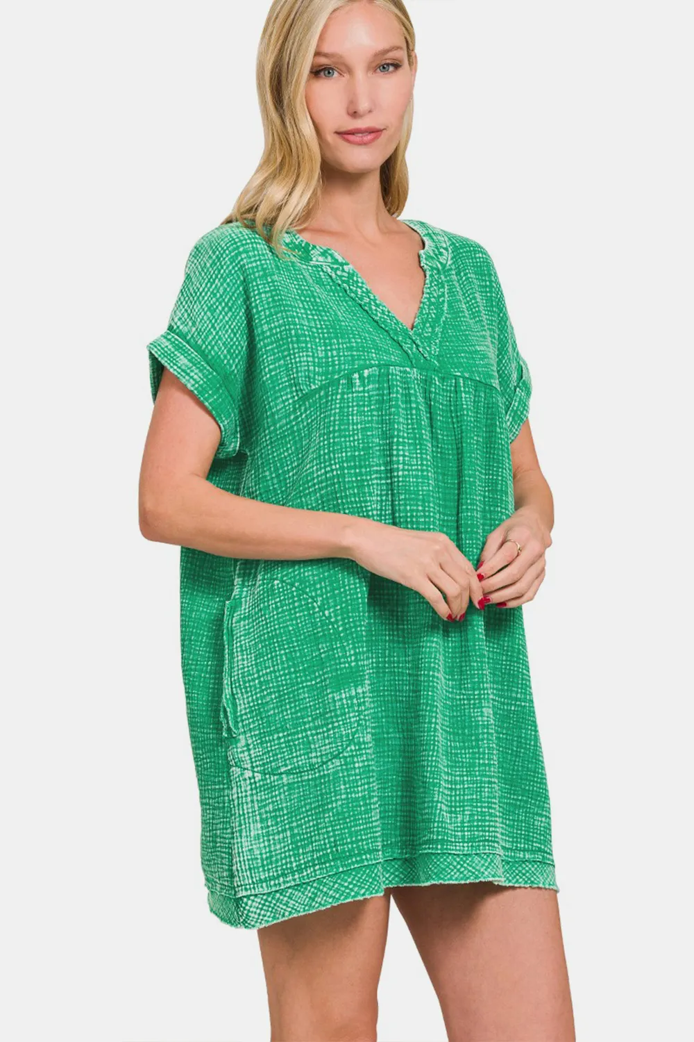 Washed Notched Short Sleeve Mini Dress - Kgreen