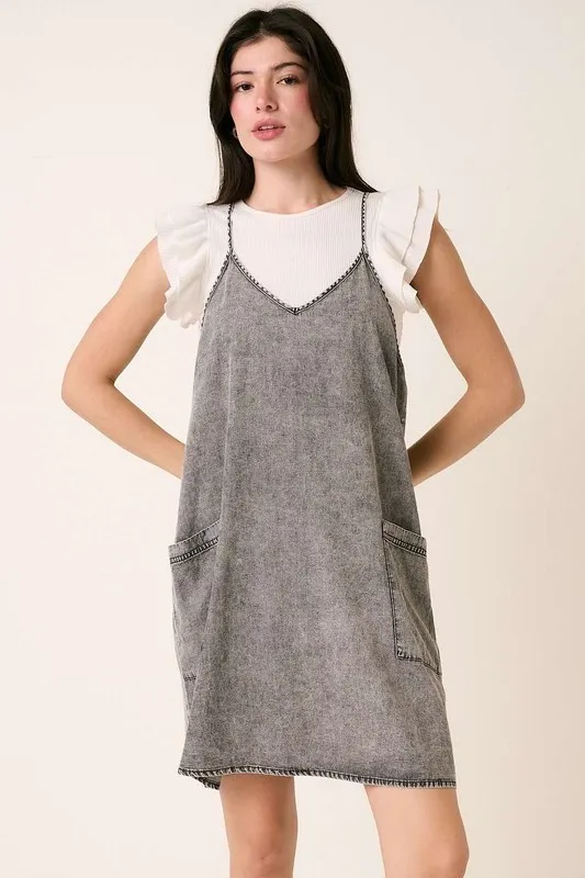 Washed Patch Pocket Mini Cami Denim Dress - Gray