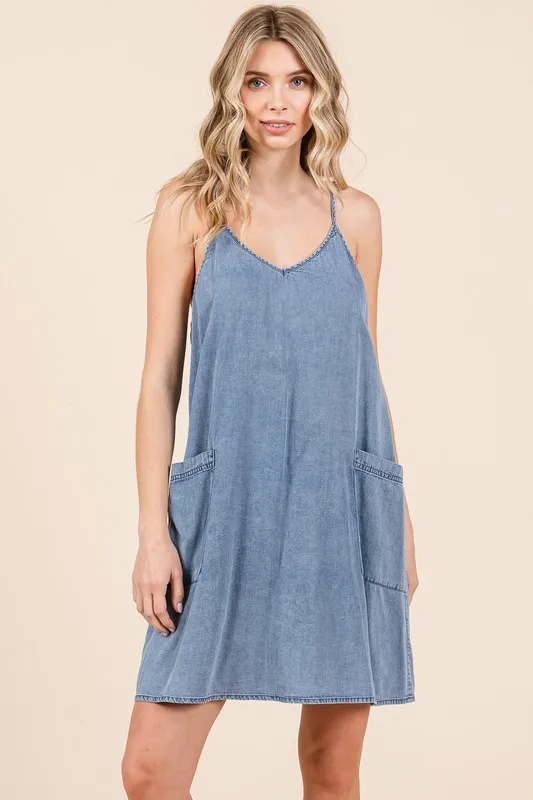 Washed Patch Pocket Mini Cami Denim Dress - Medium