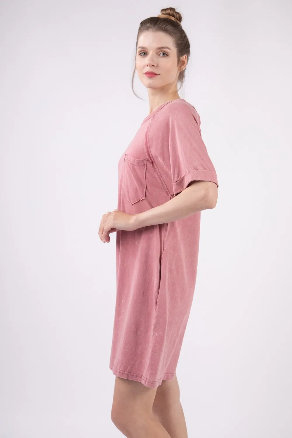 Washed Round Neck Mini Tee Dress - Mauve