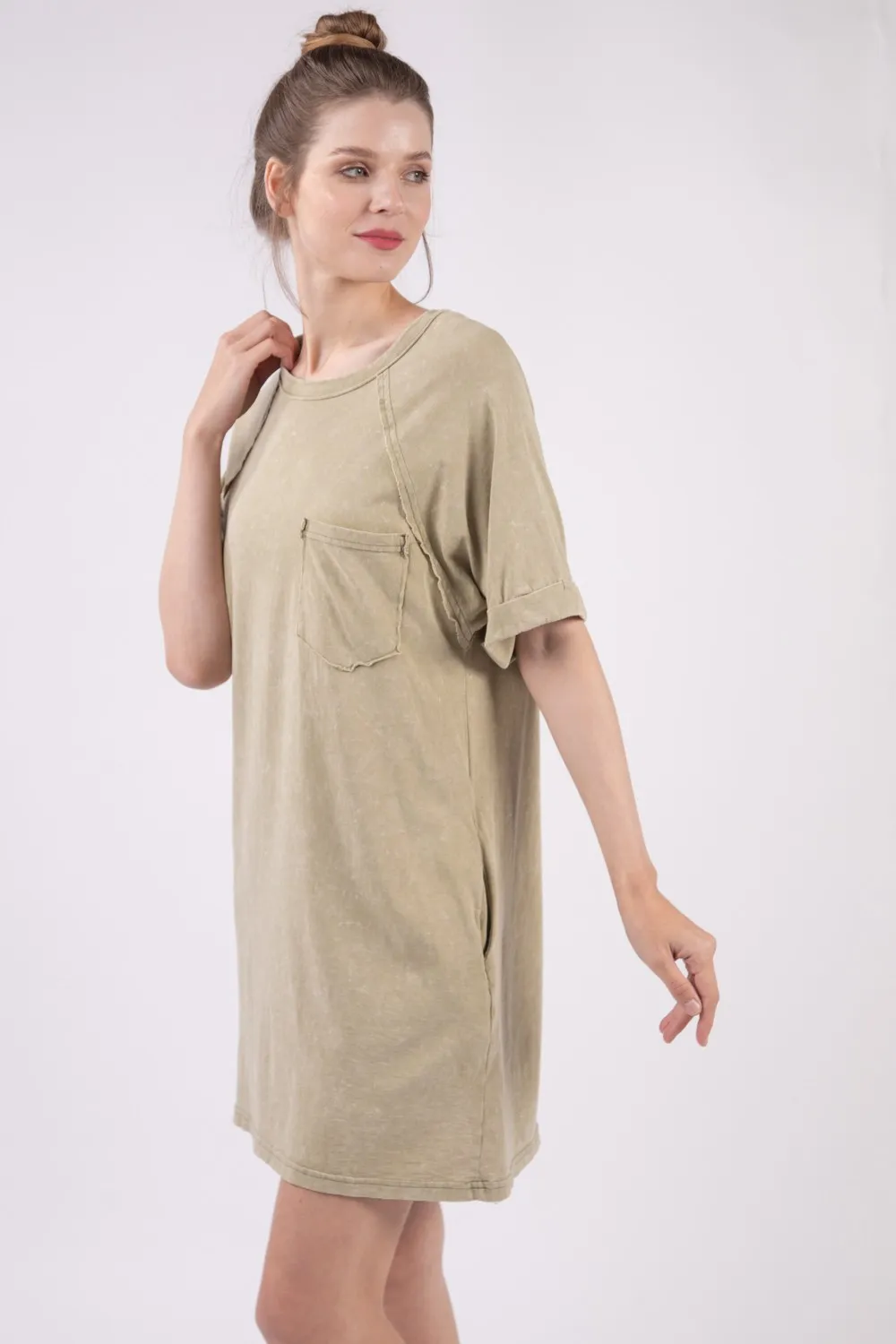 Washed Round Neck Mini Tee Dress - Sage