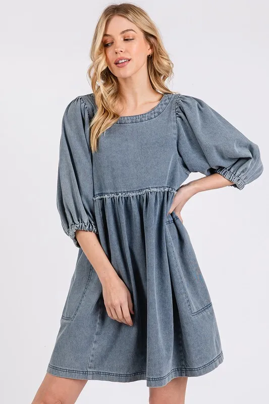 Washed-Round-Neck-Puff-Sleeve-Denim-Dress-Medium-2
