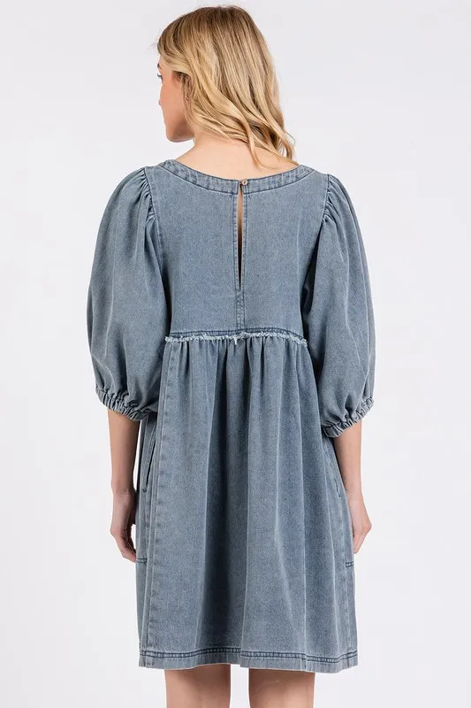 Washed-Round-Neck-Puff-Sleeve-Denim-Dress-Medium-4