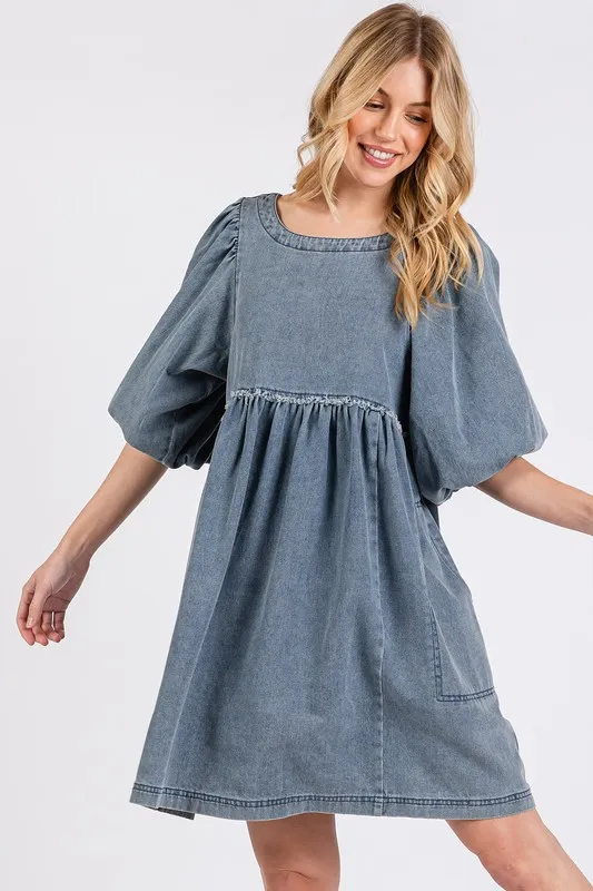 Washed Round Neck Puff Sleeve Denim Dress - Medium