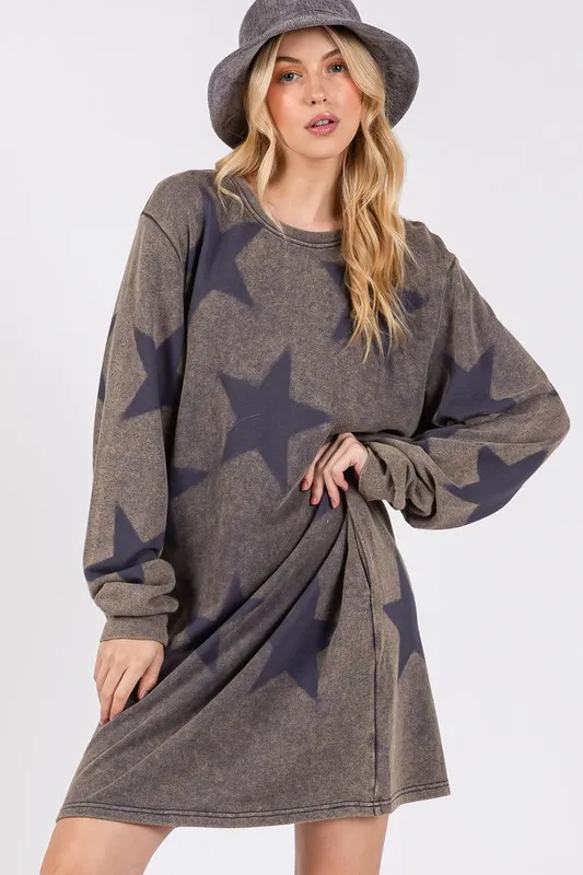 Washed-Star-Print-Round-Neck-Dress-Dark-Gray-4